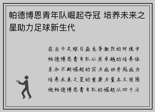 帕德博恩青年队崛起夺冠 培养未来之星助力足球新生代
