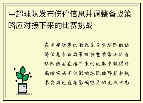 中超球队发布伤停信息并调整备战策略应对接下来的比赛挑战
