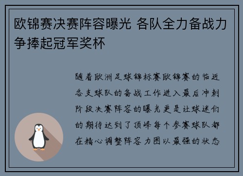 欧锦赛决赛阵容曝光 各队全力备战力争捧起冠军奖杯