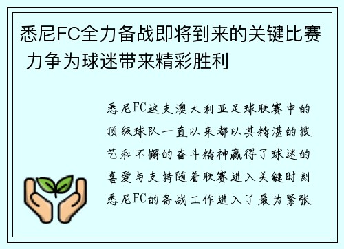 悉尼FC全力备战即将到来的关键比赛 力争为球迷带来精彩胜利