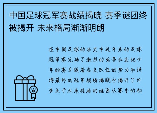 中国足球冠军赛战绩揭晓 赛季谜团终被揭开 未来格局渐渐明朗