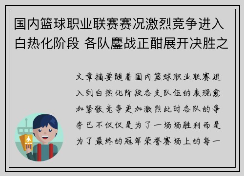 国内篮球职业联赛赛况激烈竞争进入白热化阶段 各队鏖战正酣展开决胜之战