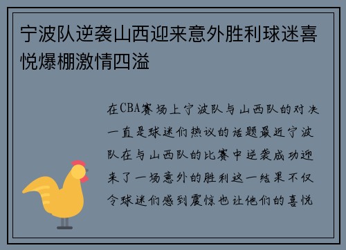 宁波队逆袭山西迎来意外胜利球迷喜悦爆棚激情四溢