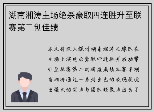 湖南湘涛主场绝杀豪取四连胜升至联赛第二创佳绩