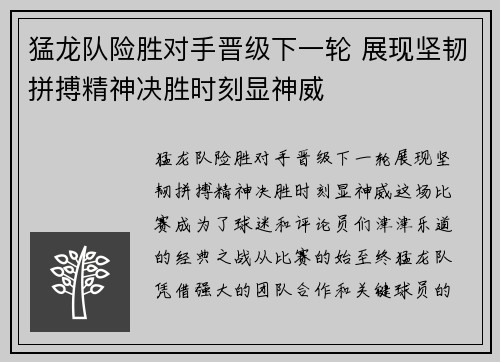 猛龙队险胜对手晋级下一轮 展现坚韧拼搏精神决胜时刻显神威