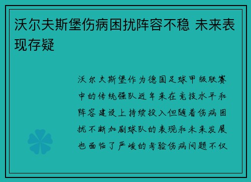 沃尔夫斯堡伤病困扰阵容不稳 未来表现存疑