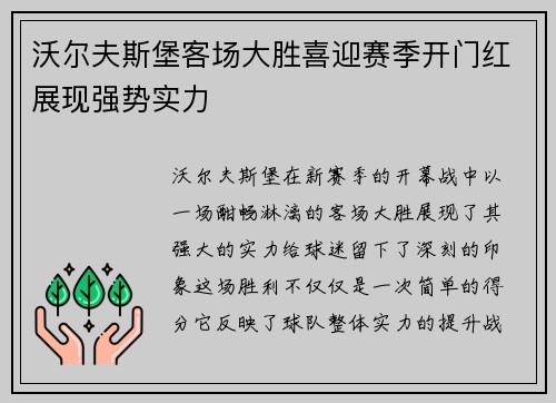 沃尔夫斯堡客场大胜喜迎赛季开门红展现强势实力