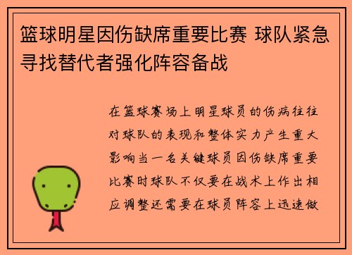 篮球明星因伤缺席重要比赛 球队紧急寻找替代者强化阵容备战